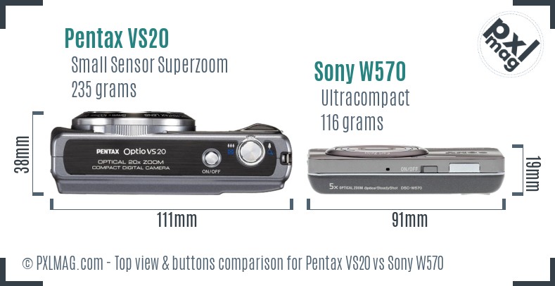 Pentax VS20 vs Sony W570 top view buttons comparison