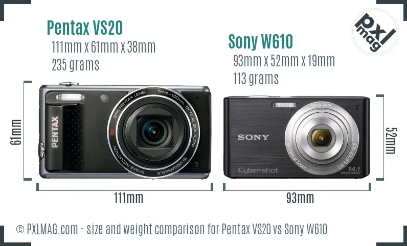 Pentax VS20 vs Sony W610 size comparison