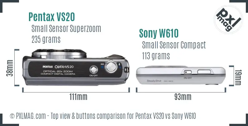 Pentax VS20 vs Sony W610 top view buttons comparison