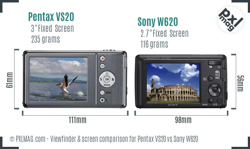 Pentax VS20 vs Sony W620 Screen and Viewfinder comparison