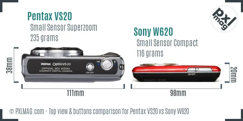 Pentax VS20 vs Sony W620 top view buttons comparison
