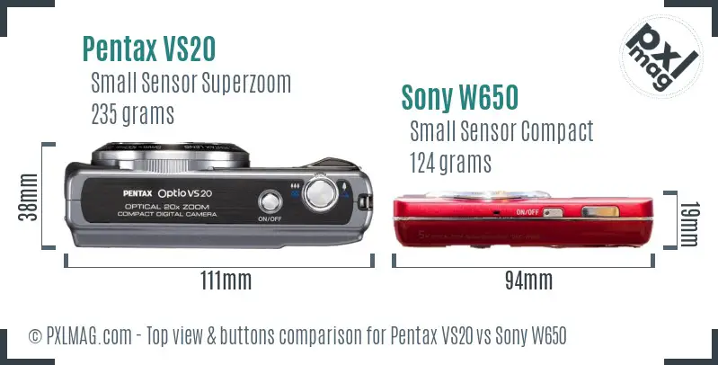Pentax VS20 vs Sony W650 top view buttons comparison Pentax VS20 vs Sony W650 top view buttons comparison