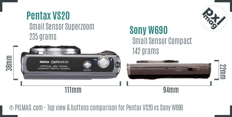 Pentax VS20 vs Sony W690 top view buttons comparison