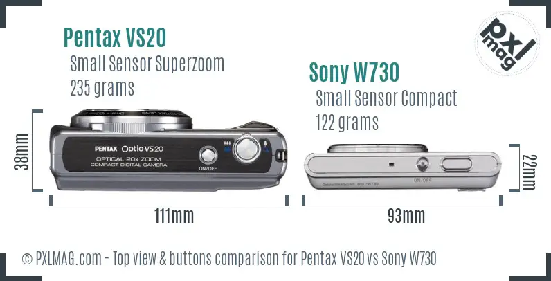 Pentax VS20 vs Sony W730 top view buttons comparison