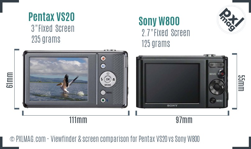 Pentax VS20 vs Sony W800 Screen and Viewfinder comparison