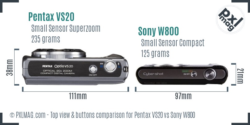 Pentax VS20 vs Sony W800 top view buttons comparison