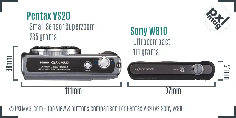 Pentax VS20 vs Sony W810 top view buttons comparison