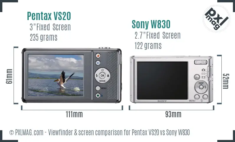 Pentax VS20 vs Sony W830 Screen and Viewfinder comparison