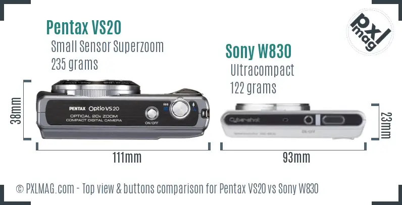 Pentax VS20 vs Sony W830 top view buttons comparison