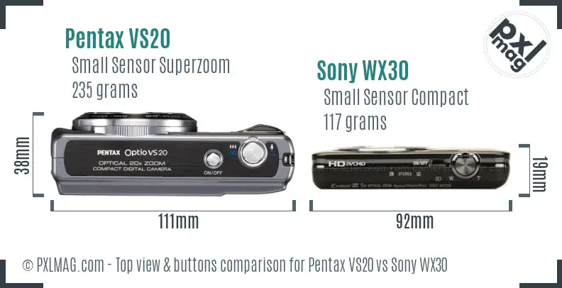 Pentax VS20 vs Sony WX30 top view buttons comparison