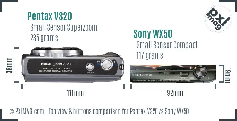 Pentax VS20 vs Sony WX50 top view buttons comparison