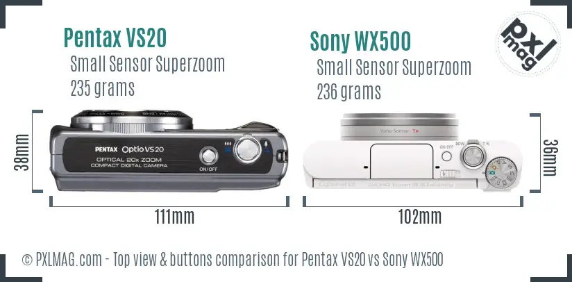 Pentax VS20 vs Sony WX500 top view buttons comparison Pentax VS20 vs Sony WX500 top view buttons comparison