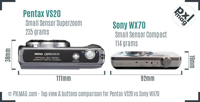 Pentax VS20 vs Sony WX70 top view buttons comparison Pentax VS20 vs Sony WX70 top view buttons comparison
