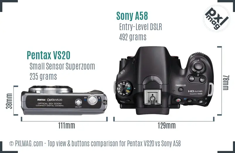 Pentax VS20 vs Sony A58 top view buttons comparison