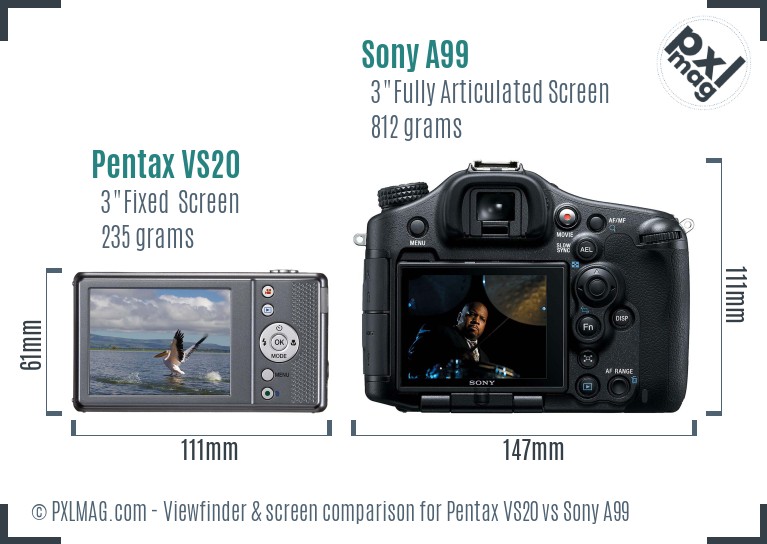 Pentax VS20 vs Sony A99 Screen and Viewfinder comparison