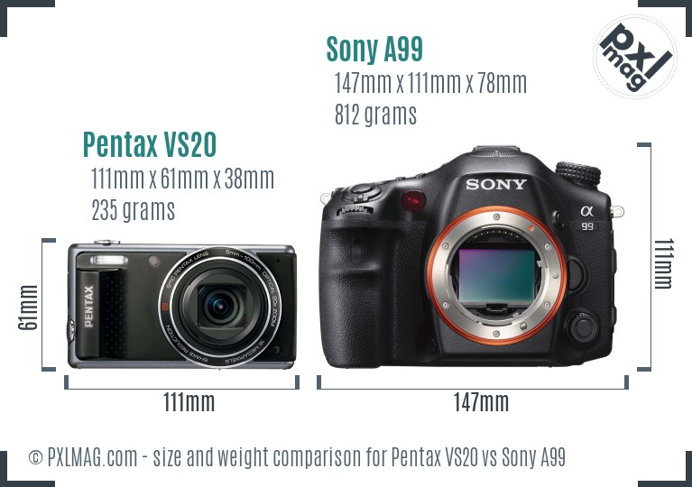 Pentax VS20 vs Sony A99 size comparison