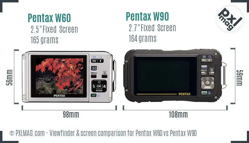 Pentax W60 vs Pentax W90 Screen and Viewfinder comparison