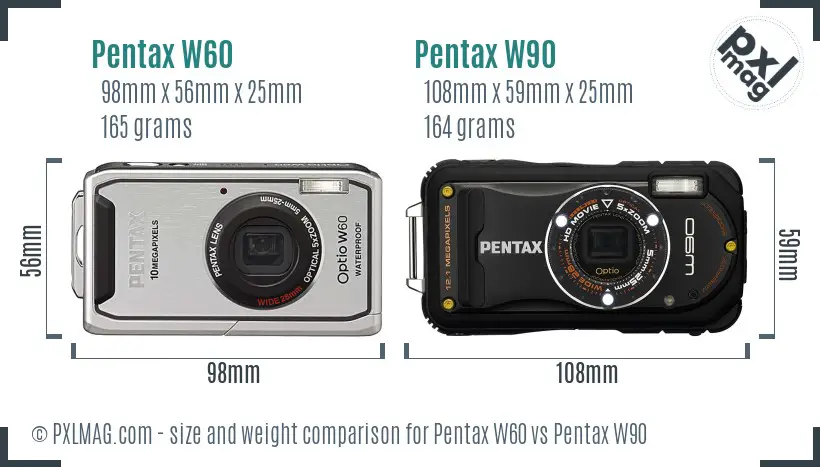 Pentax W60 vs Pentax W90 size comparison