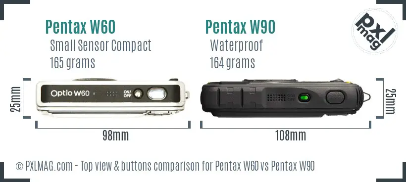 Pentax W60 vs Pentax W90 top view buttons comparison