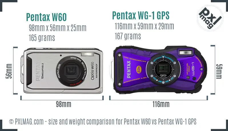 Pentax W60 vs Pentax WG-1 GPS size comparison