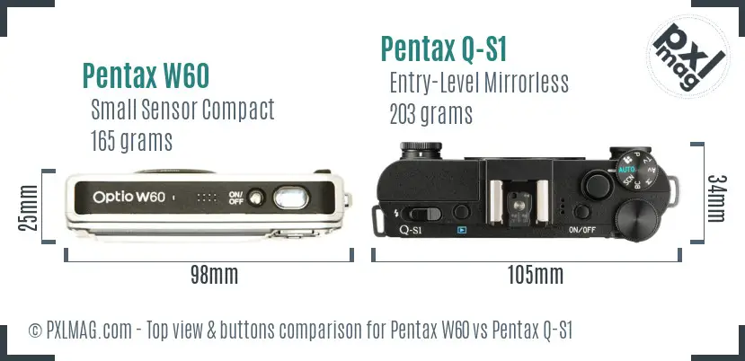Pentax W60 vs Pentax Q-S1 top view buttons comparison