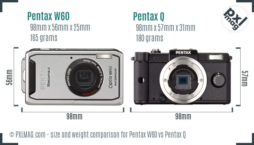 Pentax W60 vs Pentax Q size comparison