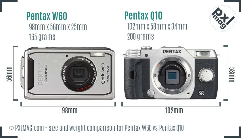 Pentax W60 vs Pentax Q10 size comparison