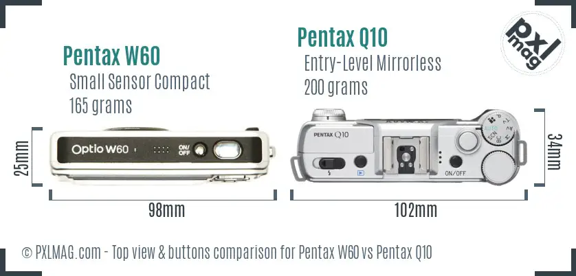 Pentax W60 vs Pentax Q10 top view buttons comparison