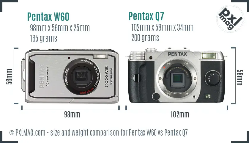 Pentax W60 vs Pentax Q7 size comparison