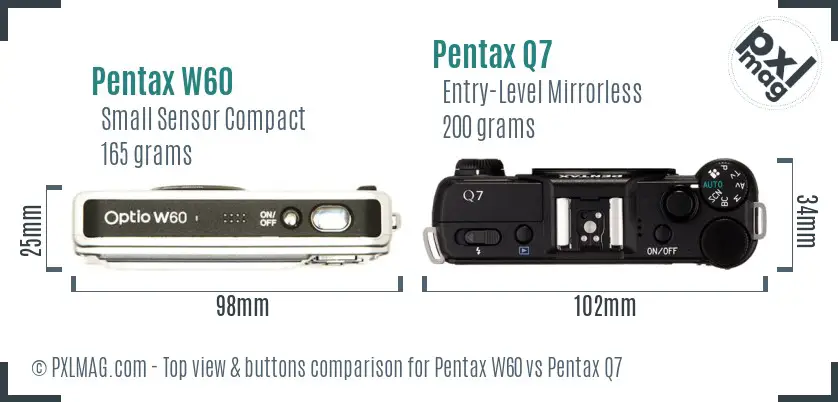 Pentax W60 vs Pentax Q7 top view buttons comparison