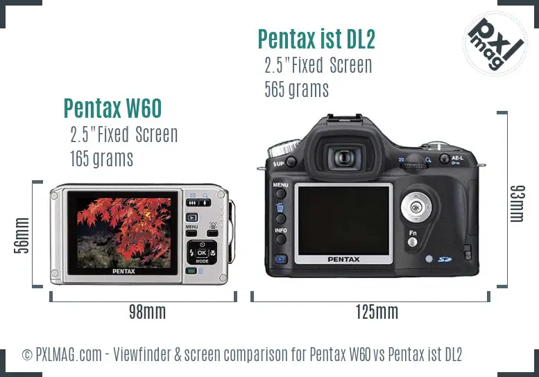 Pentax W60 vs Pentax ist DL2 Screen and Viewfinder comparison