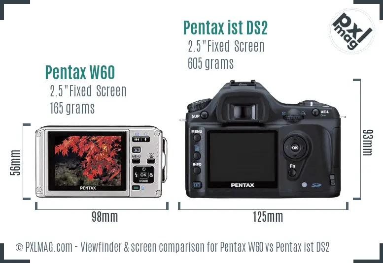 Pentax W60 vs Pentax ist DS2 Screen and Viewfinder comparison