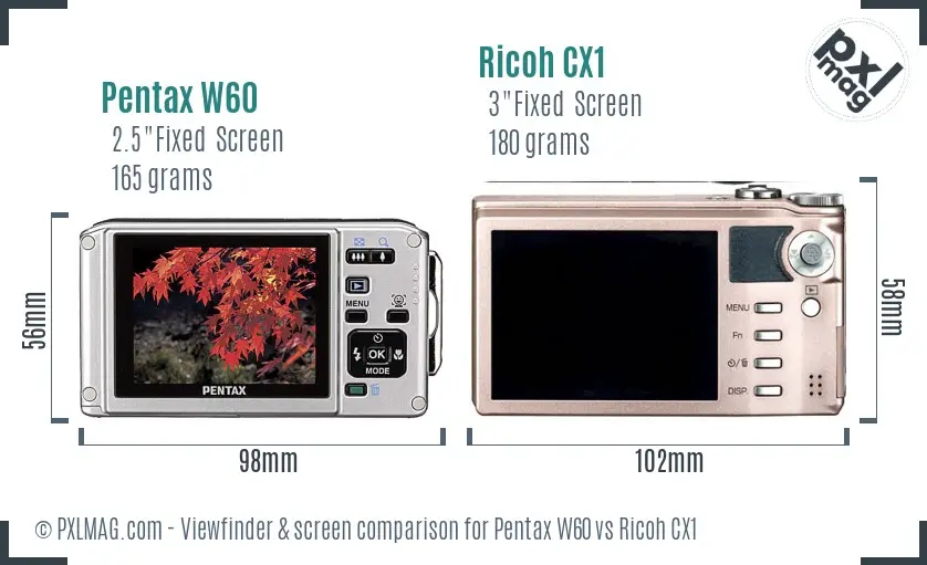 Pentax W60 vs Ricoh CX1 Screen and Viewfinder comparison