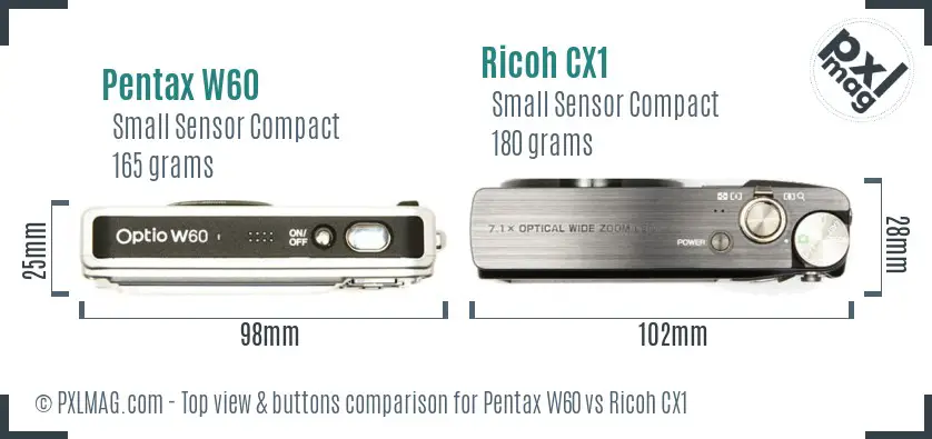 Pentax W60 vs Ricoh CX1 top view buttons comparison