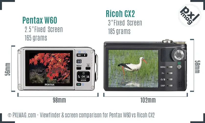 Pentax W60 vs Ricoh CX2 Screen and Viewfinder comparison Pentax W60 vs Ricoh CX2 Screen and Viewfinder comparison