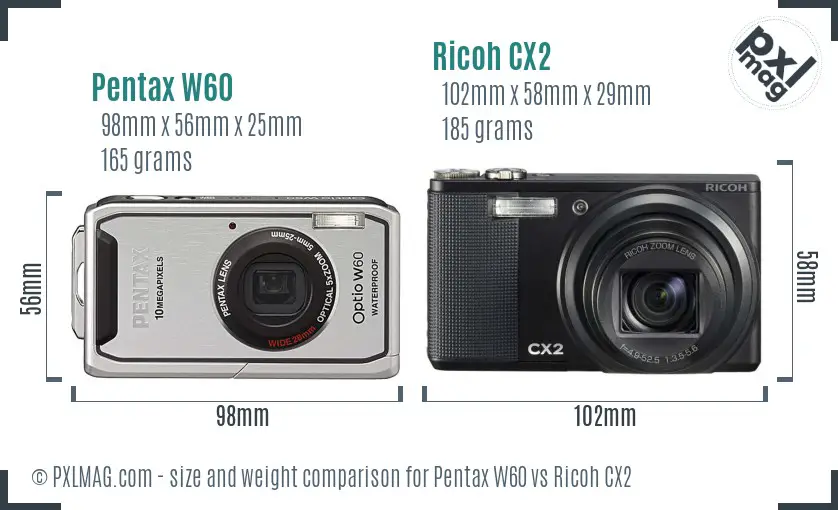 Pentax W60 vs Ricoh CX2 size comparison Pentax W60 vs Ricoh CX2 size comparison
