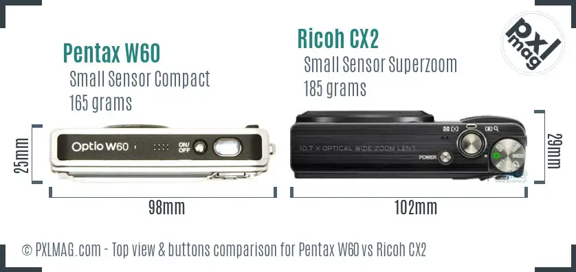 Pentax W60 vs Ricoh CX2 top view buttons comparison Pentax W60 vs Ricoh CX2 top view buttons comparison