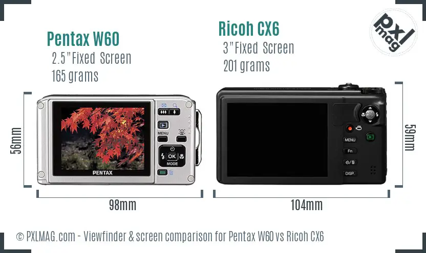 Pentax W60 vs Ricoh CX6 Screen and Viewfinder comparison