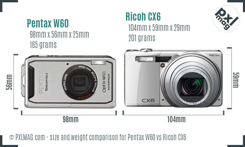 Pentax W60 vs Ricoh CX6 size comparison