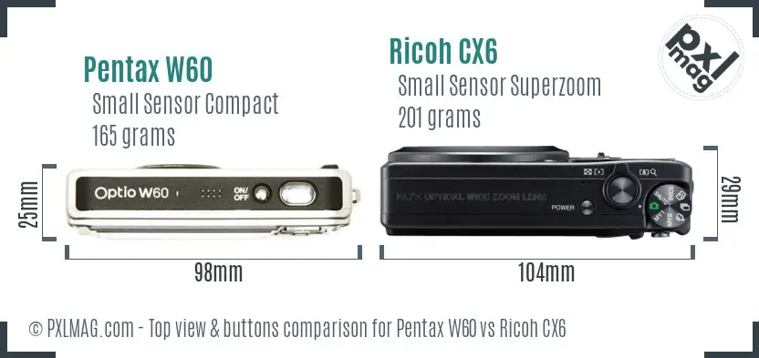 Pentax W60 vs Ricoh CX6 top view buttons comparison