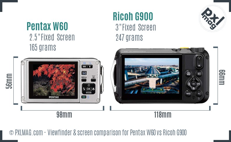 Pentax W60 vs Ricoh G900 Screen and Viewfinder comparison