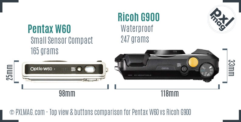 Pentax W60 vs Ricoh G900 top view buttons comparison