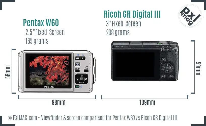 Pentax W60 vs Ricoh GR Digital III Screen and Viewfinder comparison