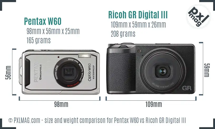 Pentax W60 vs Ricoh GR Digital III size comparison