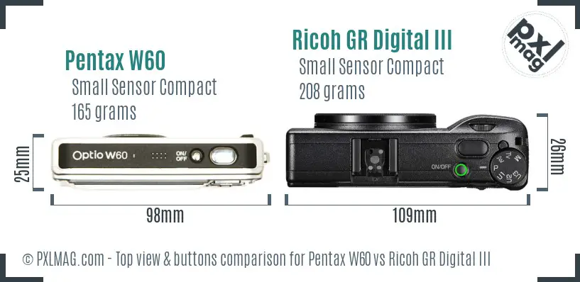 Pentax W60 vs Ricoh GR Digital III top view buttons comparison