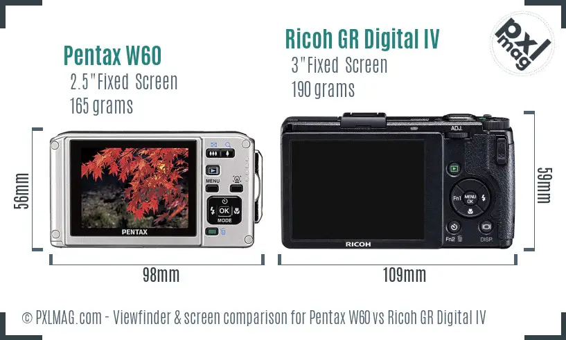 Pentax W60 vs Ricoh GR Digital IV Screen and Viewfinder comparison