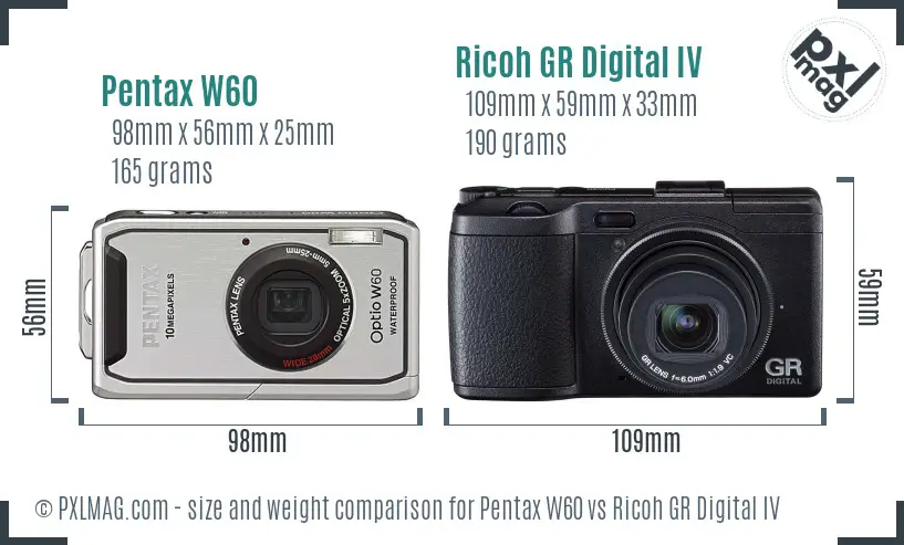 Pentax W60 vs Ricoh GR Digital IV size comparison