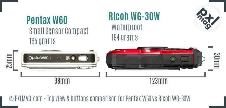 Pentax W60 vs Ricoh WG-30W top view buttons comparison