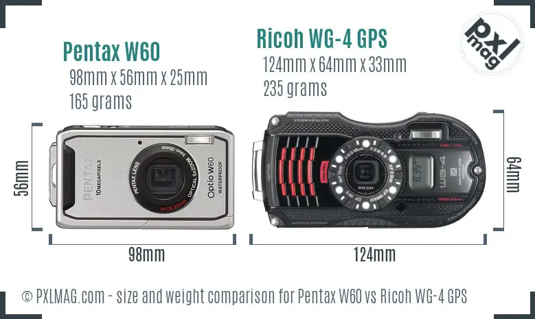 Pentax W60 vs Ricoh WG-4 GPS size comparison Pentax W60 vs Ricoh WG-4 GPS size comparison