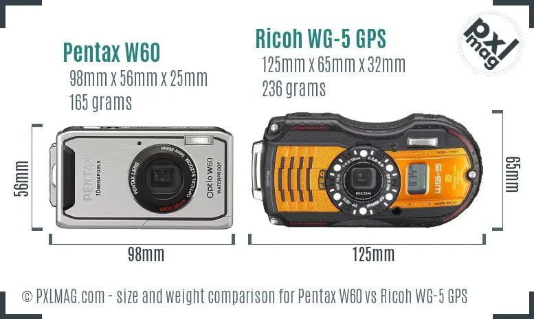 Pentax W60 vs Ricoh WG-5 GPS size comparison